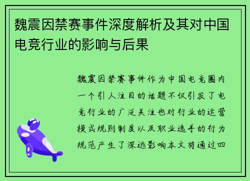 魏震因禁赛事件深度解析及其对中国电竞行业的影响与后果 魏震因禁赛事件深度解析及其对中国电竞行业的影响与后果