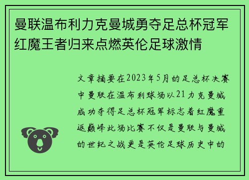 曼联温布利力克曼城勇夺足总杯冠军红魔王者归来点燃英伦足球激情
