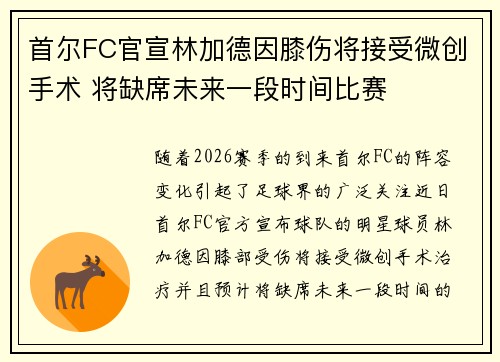 首尔FC官宣林加德因膝伤将接受微创手术 将缺席未来一段时间比赛